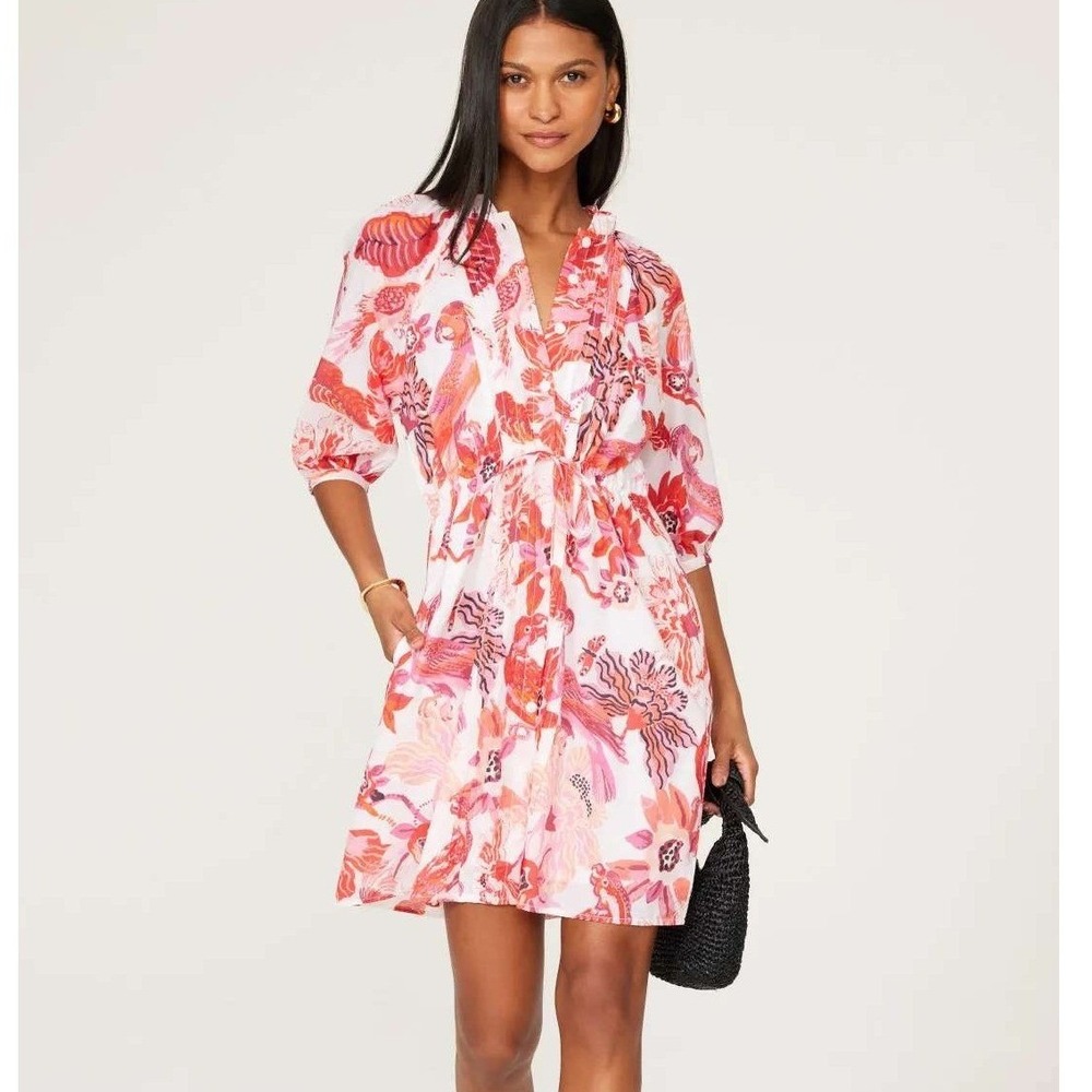 Banjanan Benita Tropical Cotton Button Up Dress, Coral Parrots Floral Resort L